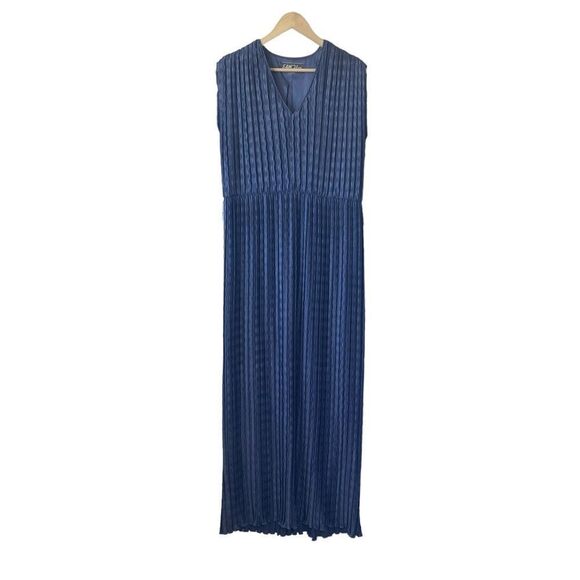 Edith Flagg Vintage Crinkle Pleated Blue Maxi Dress Sz XL - Picture 2 of 7